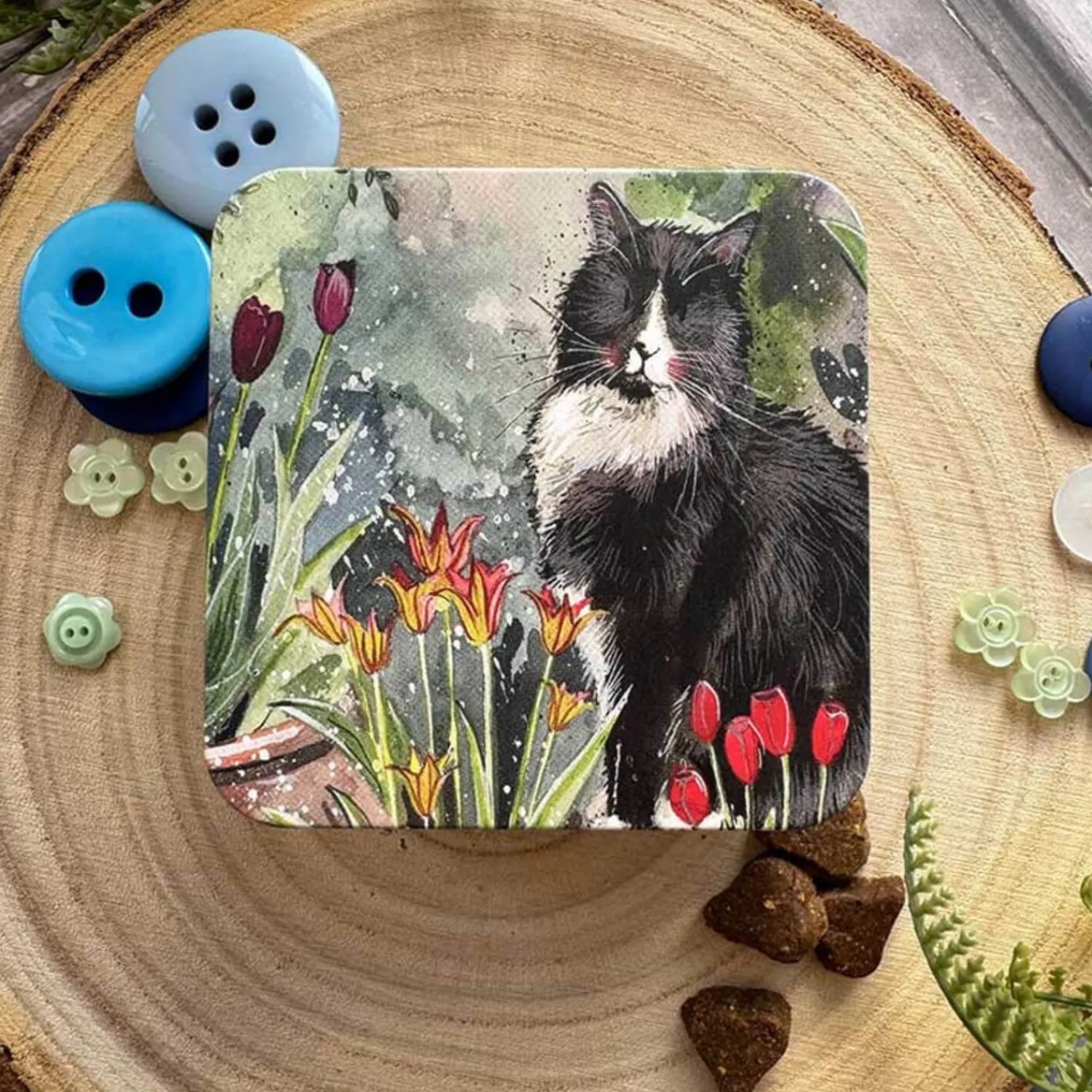 Alex Clark Small Square Tin - Cat And Tulips