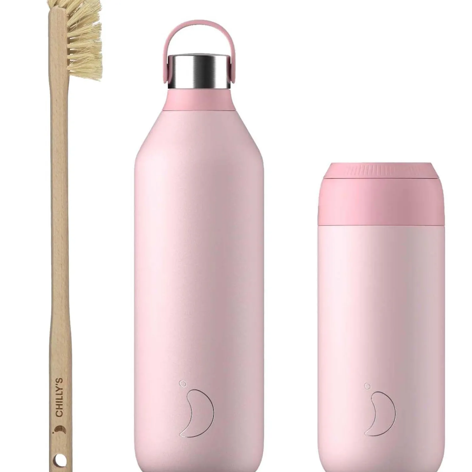 Chilly's Chilly's Series 2 Reusable Water Bottle, Coffee Cup & Cleaning Brush Set - Blush Pink