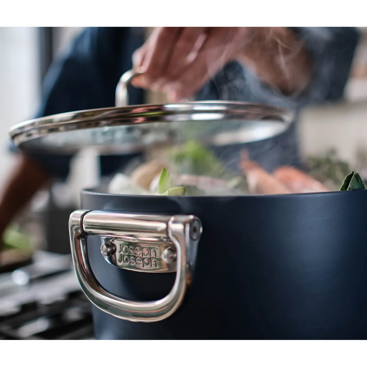 Joseph Joseph Space 25cm Non-Stick Folding Handle Stock Pot & Lid - Midnight Blue