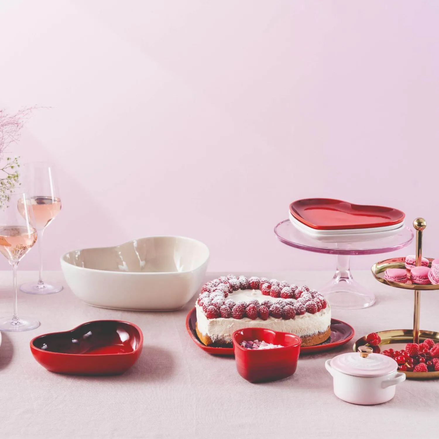 Le Creuset Set of 4 Mini Heart Stoneware Bowls - Cerise