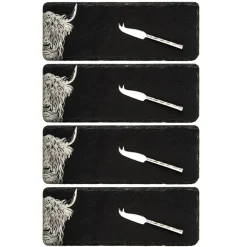 Selbrae House 4-Piece Mini Slate Cheese Board & Knife Set - Highland Cow