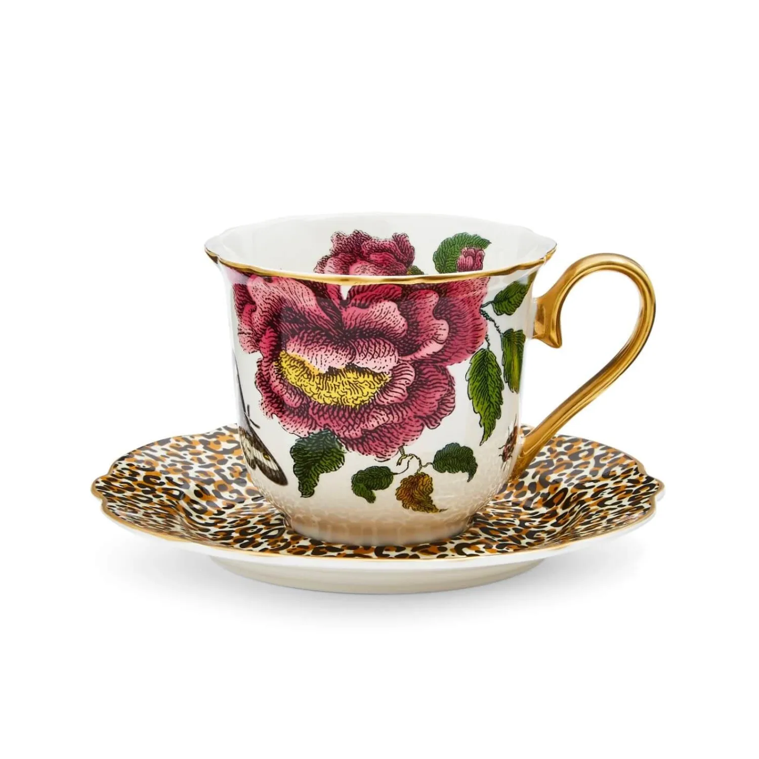 SPODE Creatures of Curiosity Fluted Tea Cup & Saucer - Floral / Leopard