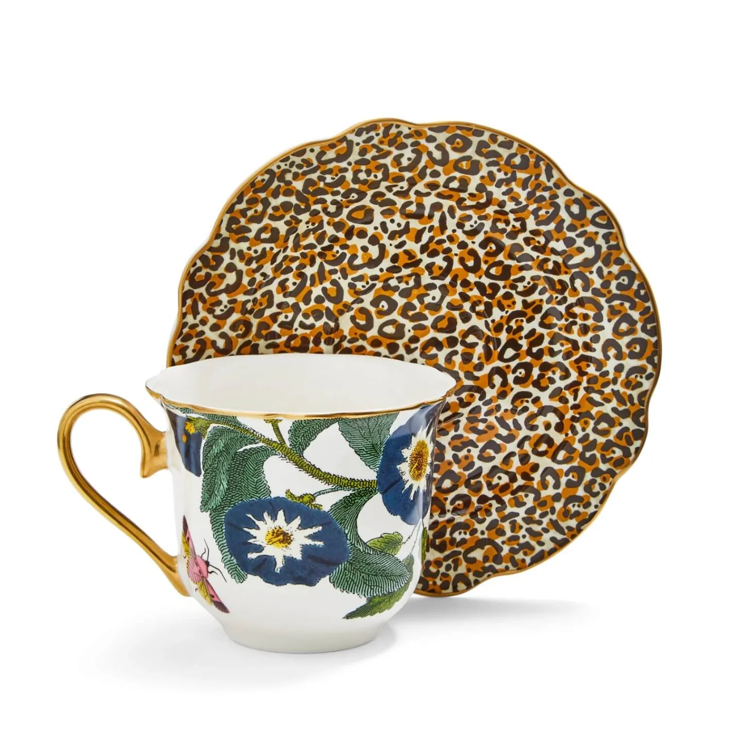 SPODE Creatures of Curiosity Fluted Tea Cup & Saucer - Floral / Leopard