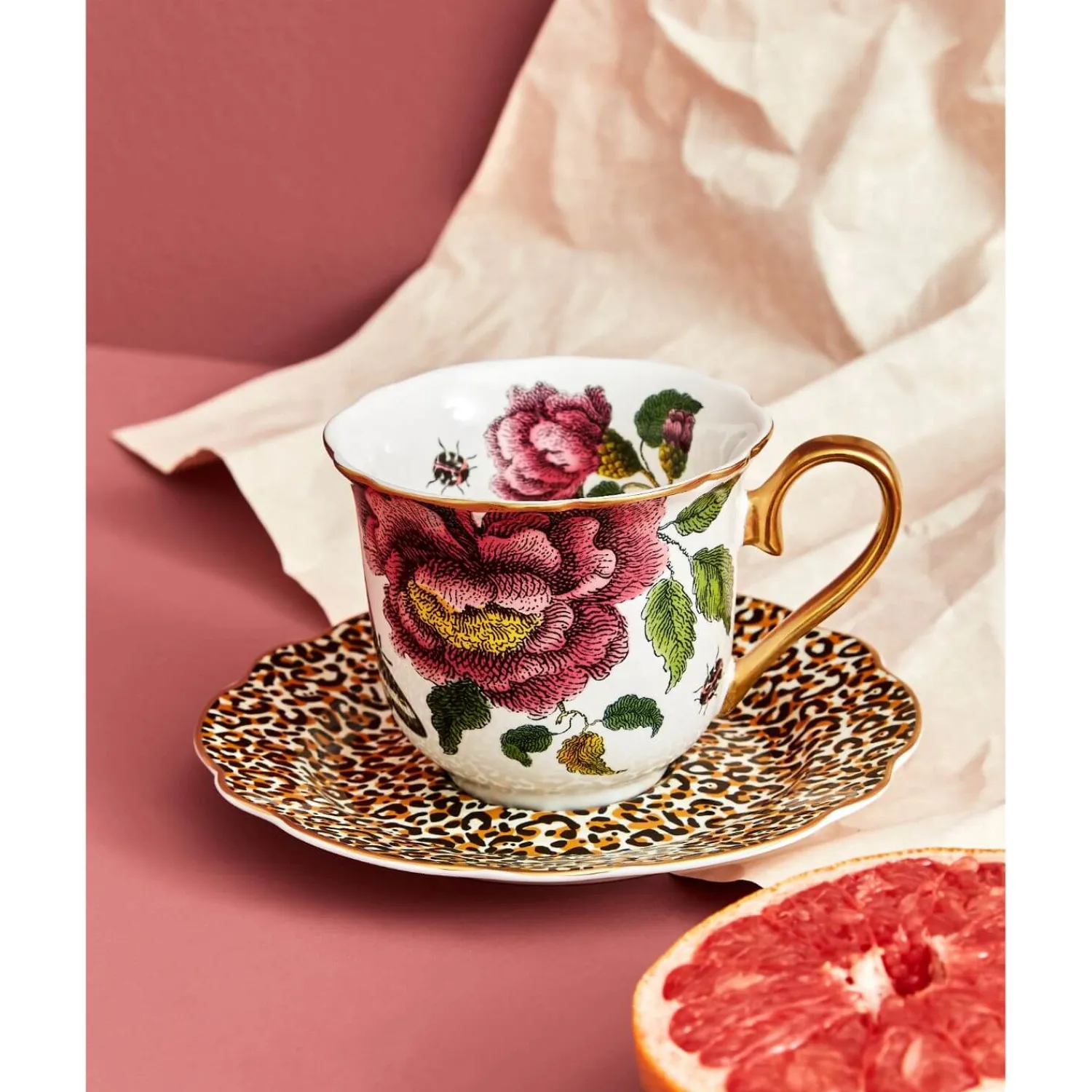 SPODE Creatures of Curiosity Fluted Tea Cup & Saucer - Floral / Leopard