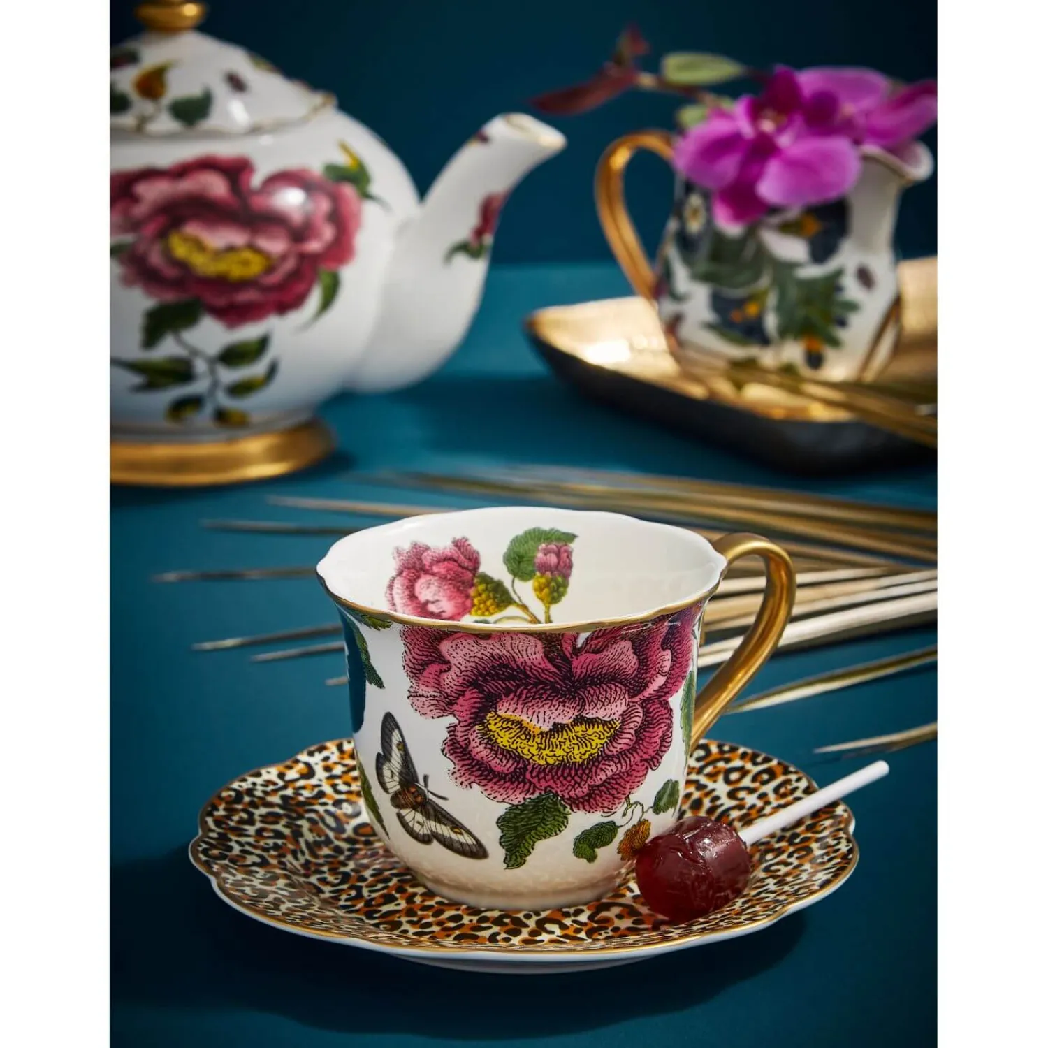 SPODE Creatures of Curiosity Fluted Tea Cup & Saucer - Floral / Leopard
