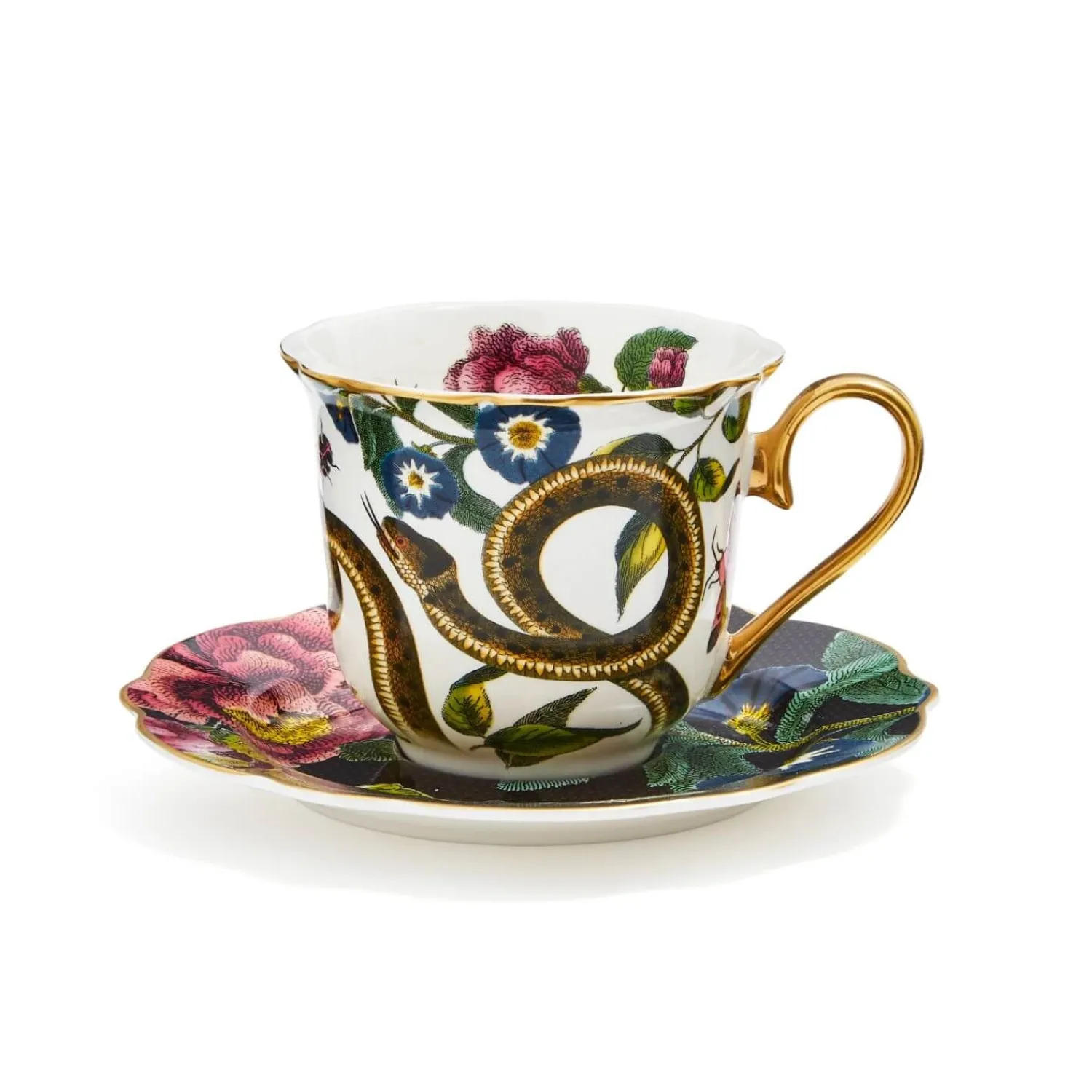 SPODE Creatures of Curiosity Fluted Cup & Saucer - Dark Floral/Snake