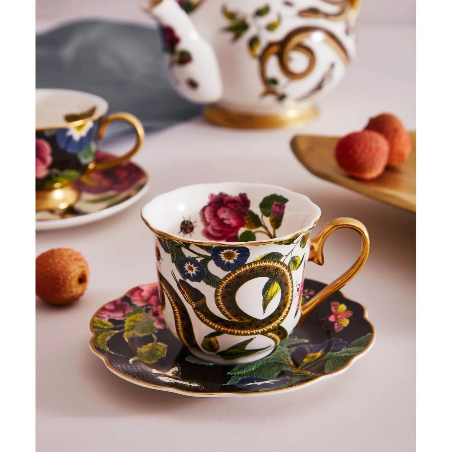 SPODE Creatures of Curiosity Fluted Cup & Saucer - Dark Floral/Snake