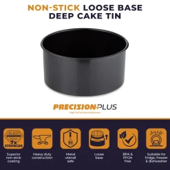 Tower Precision Plus Carbon Steel 20cm Round Non-Stick Loose Base Deep Cake Tin - Black